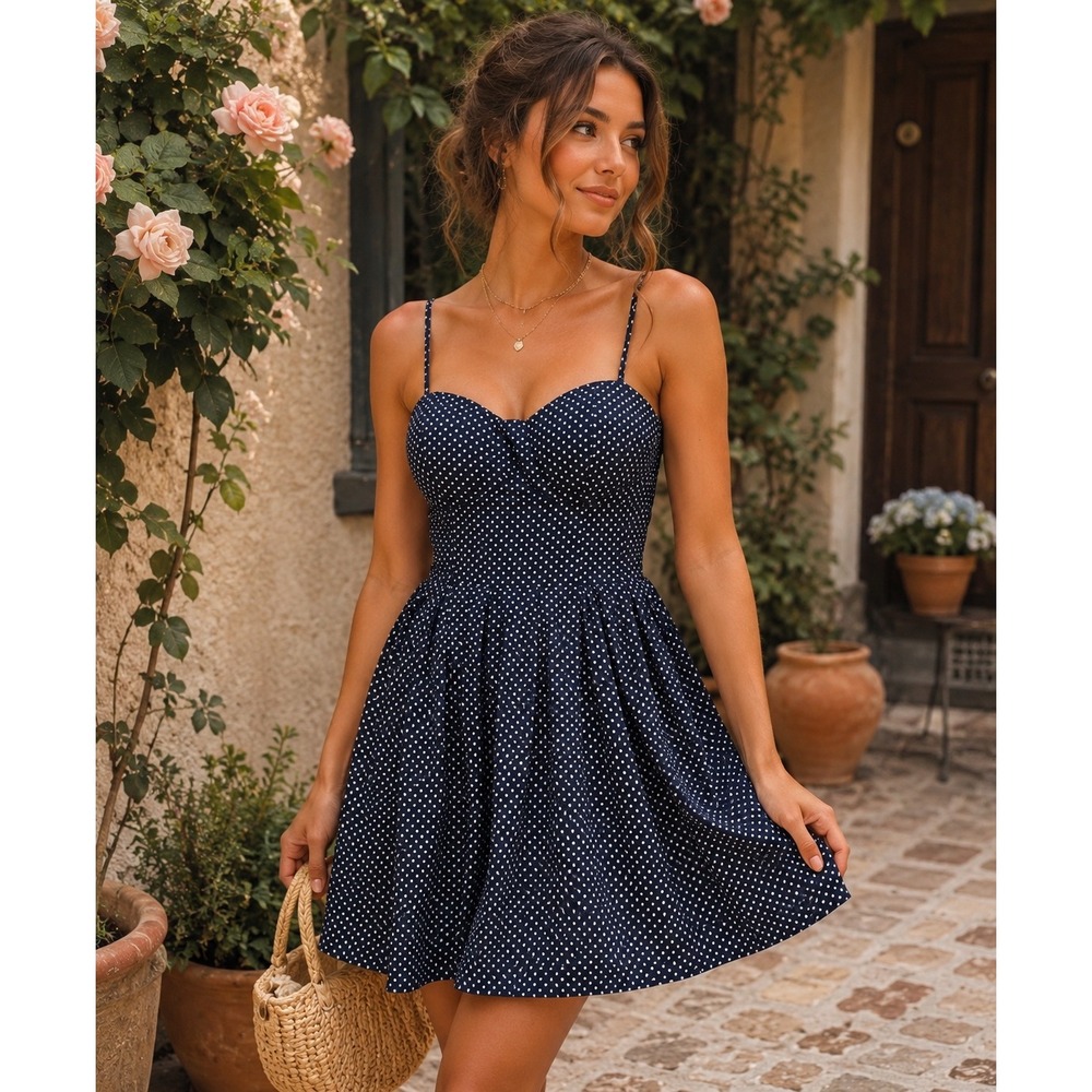 Veveret Navy Polka Dot Cotton Mini Dress Sweetheart Smocked Back Small